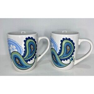 2 VTG ROYAL NORFOLK Blue Green Paisley Coffee Tea Mug Cup Vibrant Discontinued